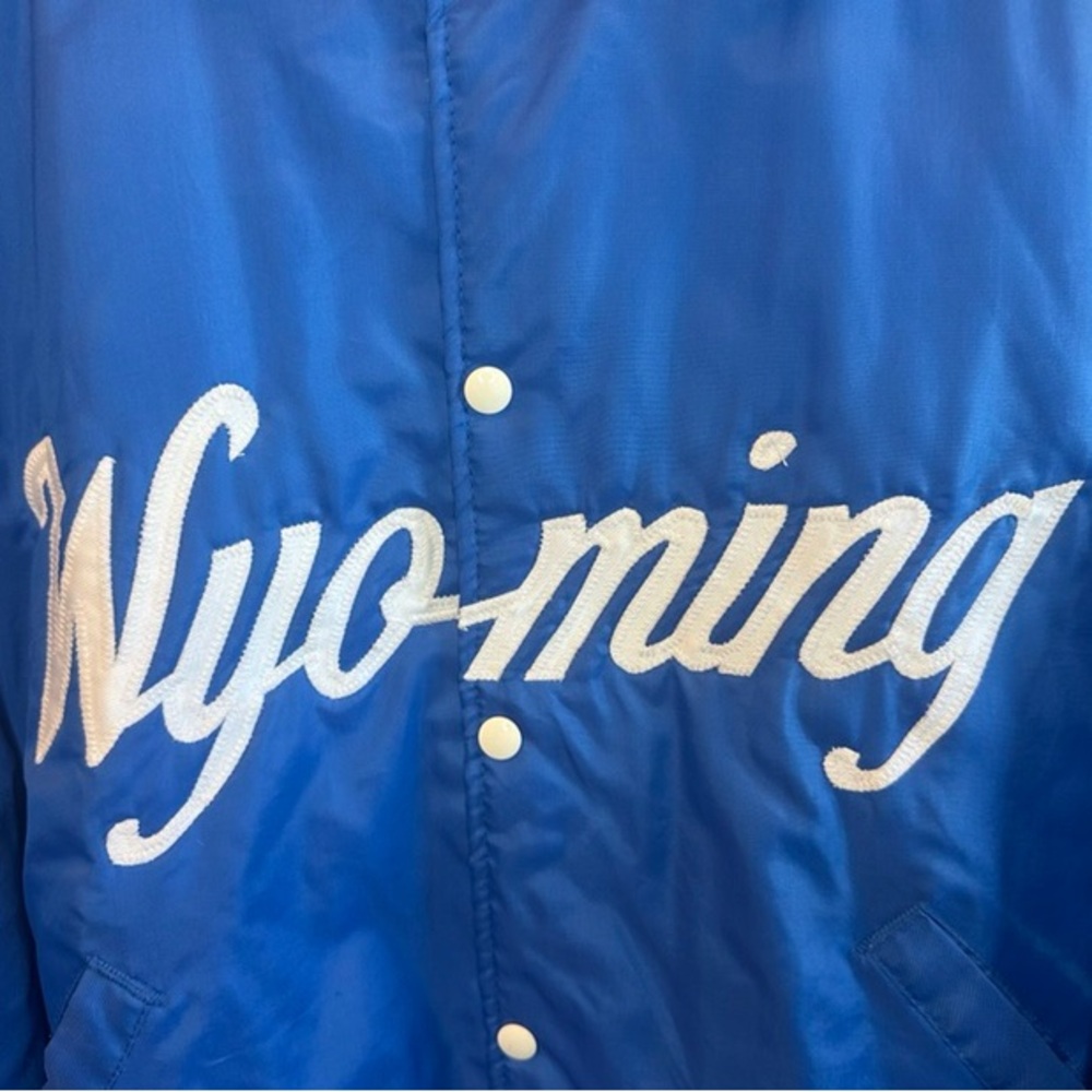 Vintage 90s Wyoming 36 Holloway Blue and White Varsity Bomber Jacket Men's - Picture 3 of 14
